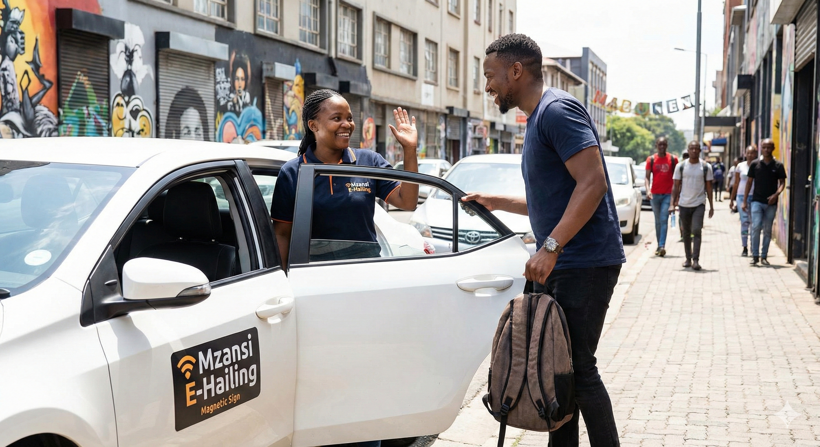 happy african woman passenger sitting in back seat of modern car looking out window smiling urban background