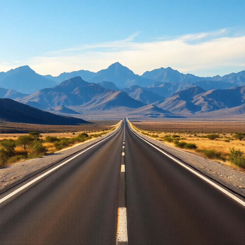 long straight asphalt road in south african landscape mountains in background sunny day travel concept